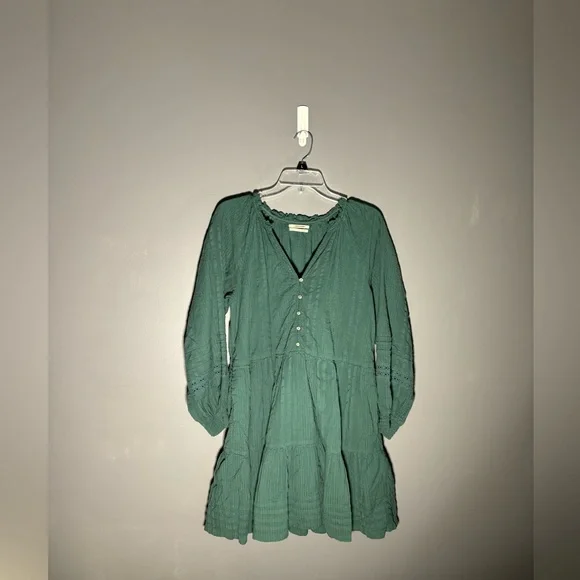 Anthropologie Mini Peasant Dress Green Long Sleeve Button Front Pleated Size S Anthropologie Mini Peasant Dress Green Long Sleeve Button Front Pleated Size S